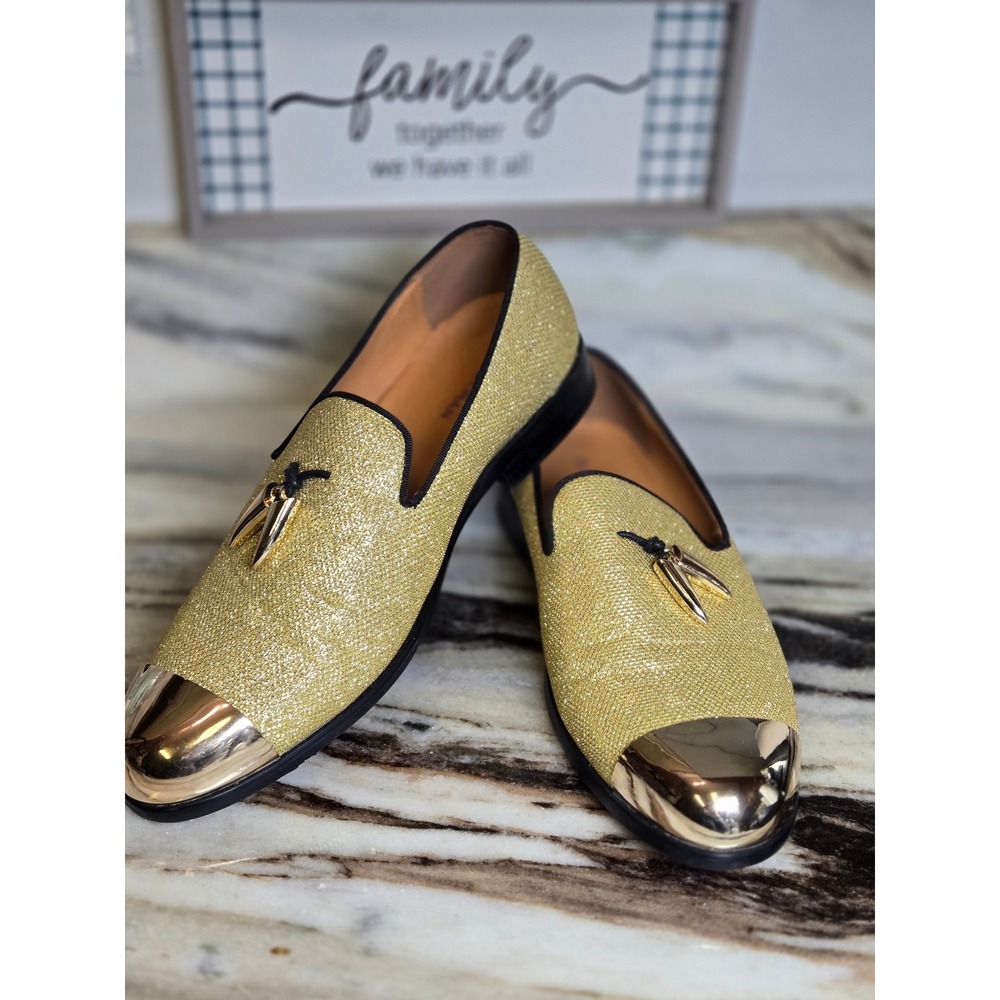 Elanroman Mens Gold Glitter Loafers Metal Cap Toe Tassel Dress Shoes EU 43 US 10
